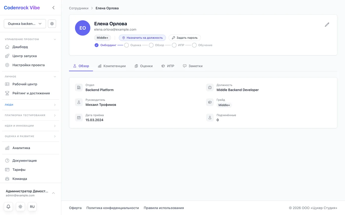 Профиль сотрудника с радаром компетенций в Vibe Talent